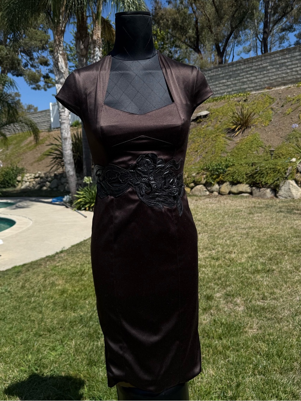 Karen Millen Dark Brown Midi Dress with Faux Leather Floral Embroidered Waist - Picture 12 of 12